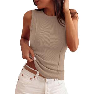 PRETTYGARDEN Sleeveless Tops for Women 2026 Summer Ribbed Tank Top Fitted Shirts Basic Tees Cute Spring Going Out Y2k Clothes (Beige, M)