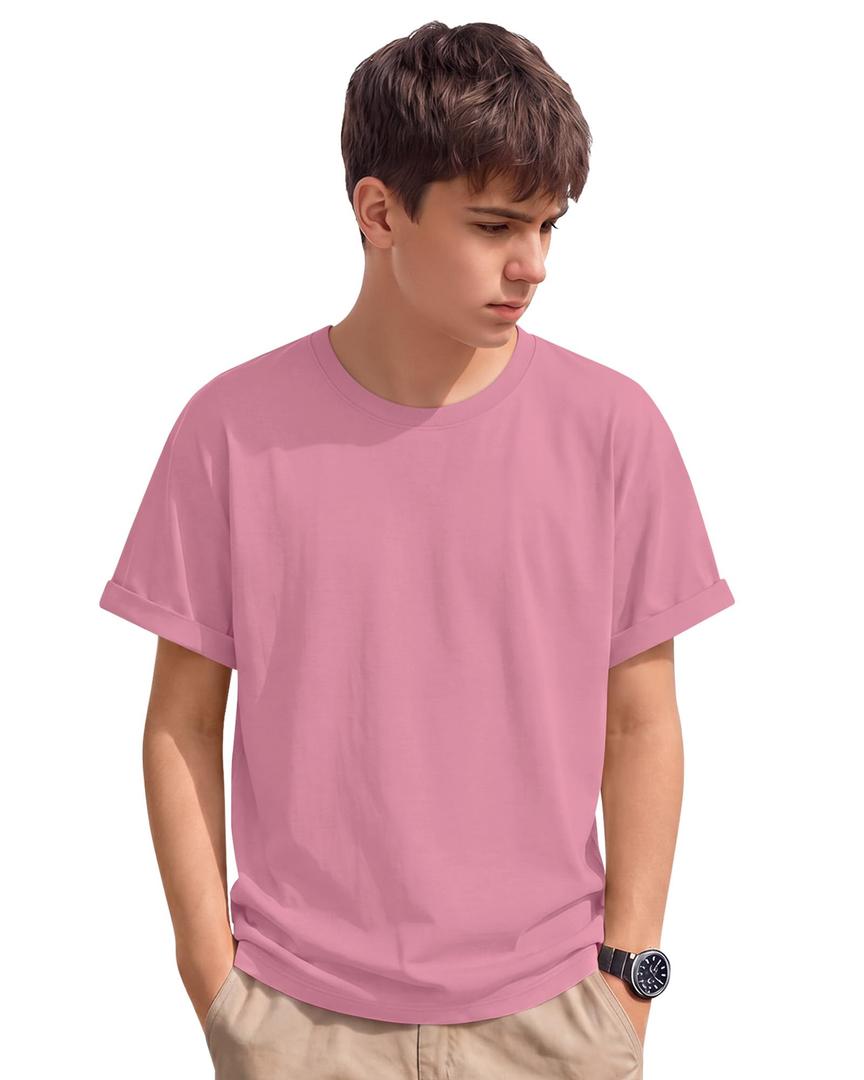 YooAurvox Boys Shirts Short Sleeve Summer Tops Kids Crew Neck Loose Casual Basic Tees for Boys 5-14 Years(Pink,5-6 Years)