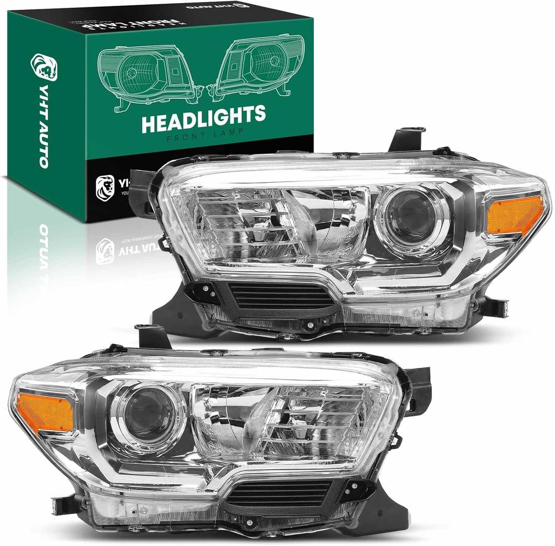 YHTAUTO Set of 2 Headlights Assembly Replacement for 2016-2023 Toyota Tacoma, Driver & Passenger Side Head Lights Lamps, Headlight Clear Lens Chrome Housing Micro-prism Reflector Headlamps