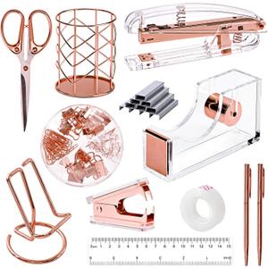 EOOUT Rose Gold Desk Accessories, Office Supplies and Accessories Set, Acrylic Stapler Set, Staple Remover, Phone Holder, Pen Holder, Scissor, Ruler, Transparent Tape