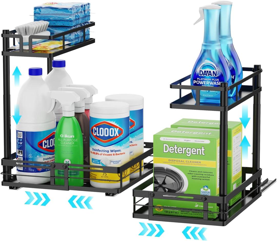 iSPECLE Under Kitchen Sink Organizer - 2 Pack Height Adjustable Pull Out Cabinet Organizer Fit Around Plumbing & Disposal, Heavy-Duty Undersink Storage Sliding Get Item for 30" - 36" Wide Sink Cabinet (Two Black)