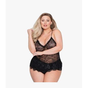 Floral Lace Cami & Cheeky Satin Short Black 1X/2X