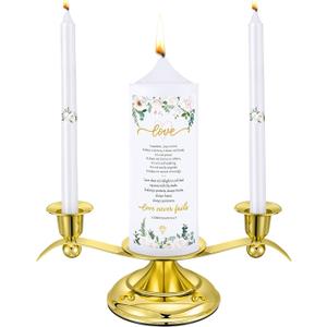 Landhoow 3 Unity Floral Candles for Wedding Ceremony Set with Golden Holder White Pillar and Taper Candles Religious Wedding Catholic Anniversary Big Events Gifts for Couple