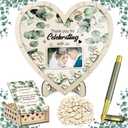 Wooden Wedding Guest Book Alternative with 63 Wood Hearts Chips, Drop Box and Pen Eucalyptus Leaves Theme Heart Picture Frame for Wedding Love Anniversary Ceremony Guestbook (Wood)