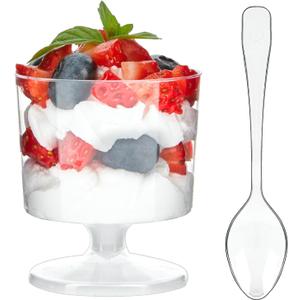 Zezzxu 2 oz Mini Dessert Cups with Spoons, 100 Pack Disposable Appetizer Cup Mousse Cups Small Plastic Wine Glasses for Serving Individual Pudding Shots, Cocktail, Trifle