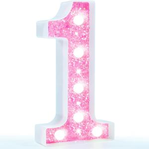 Pooqla Marquee Number Lights, Pink Light Up Numbers for Girls 1st 10th Birthday, Battery Powered Glitter Number Night Light Gift for Christmas Bedroom Dorm Party Decoration, Cool White Number 1