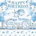 Seashell Birthday Decorations, Blue Coastal Beach Party Decorations All-in-One Set Serves 25, 233PCS Ocean Theme Supplies with Banner Backdrop Tableware Tablecloth Balloons Cake & Cupcake Toppers