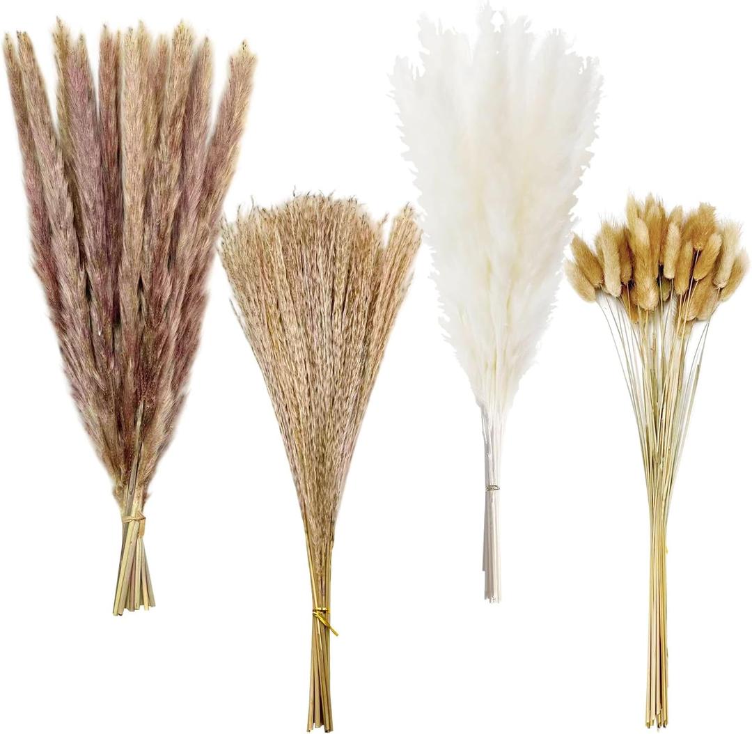 Dried Pampas Grass Decor, 100 Stems Bouquet with Bunny Tails & Reed Grass, Boho Dried Flowers for Wedding, Home Table Centerpieces, Rustic Farmhouse Party Decorations