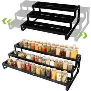 3-Tier Spice Rack Organizer for Cabinet, Expandable Kitchen Organizer 14.4 to 26.1 Inch Seasoning & Pantry Organizer for Countertop, Metal Non-Skid Step Storage Shelf for Condiments, Oils, Cans, Jars