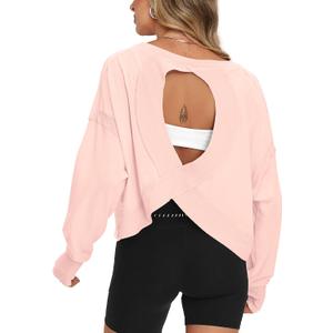 Darong Women's Open Back Athletic Shirt | Open back, Oversized, Crop length, Thumb Holes, Long sleeve, Loose fit, Y2k yoga, Athletic shirts (Pink, L)