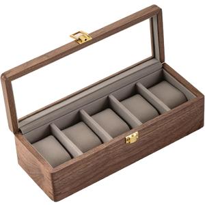 muso wood Watch Display Box, 5 Slot Watch Case for Men, Watch Organizer Box with Glass Lid, Watch Case with Removable Velvet Pillow, Father's Day Gift - 5 Slot, Walnut