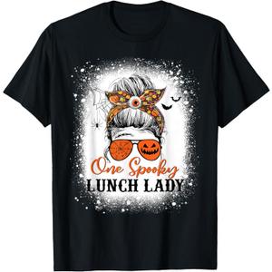 One Spooky Lunch Lady Halloween Fall Messy Bun Sunglasses T-Shirt S