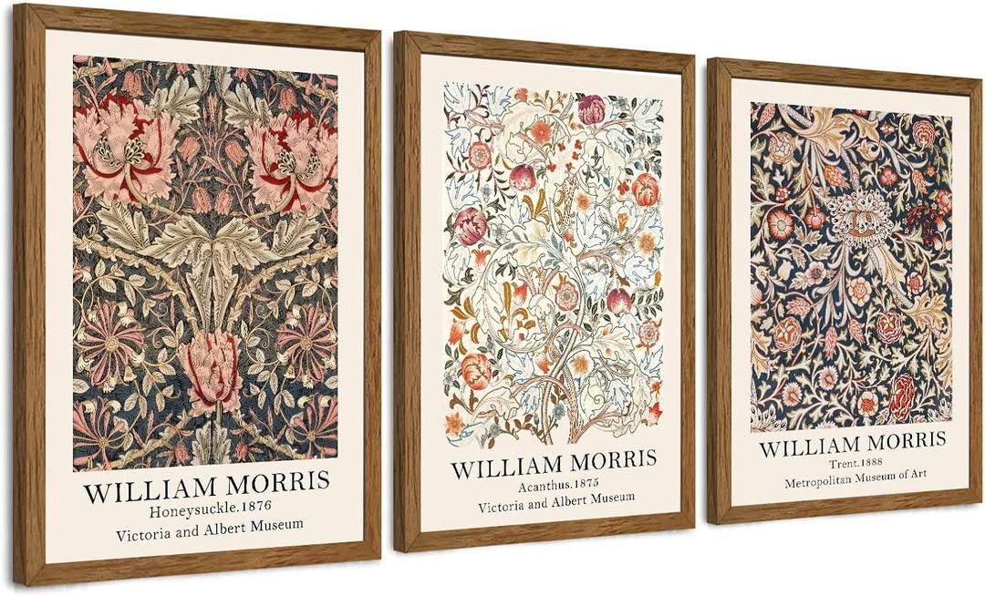 Krtoni 3PCS Framed William Morris Wall Art, Rustic Farmhouse Floral Wall Decor, Vintage Flower Plants Aesthetic Paintings, Flower Botanical Art Prints for Living Room Bedroom Bathroom 12W x 16H