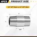 4 Pcs 304 Stainless Steel Pipe Fittings 3/4" NPT x 3/4" NPT Male Threaded 2" Length Nipple Cast Pipe Fittings for Oil Air Fuel