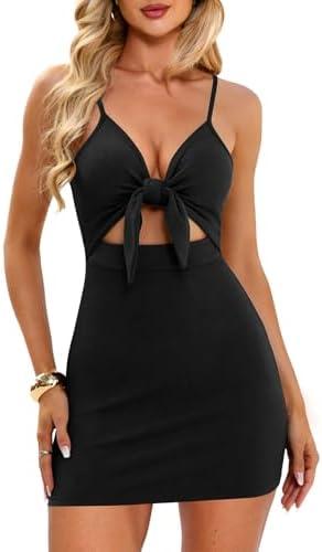 oten Cutout Dresses for Women 2026 Sexy Sleeveless Spaghetti Strap Bodycon Ribbed Knit Party Wedding Guest Mini Dress Black Medium