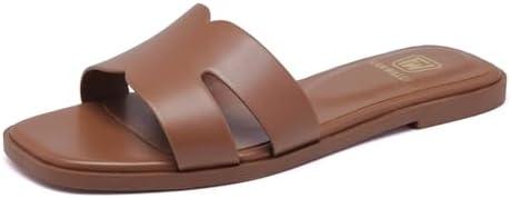 FW FRAN WILLOR Women's Flat Sandals Dressy Comfortable Slide Sandals Fashion Square Open Toe Slip On Beach Sandals for Summer Size 6