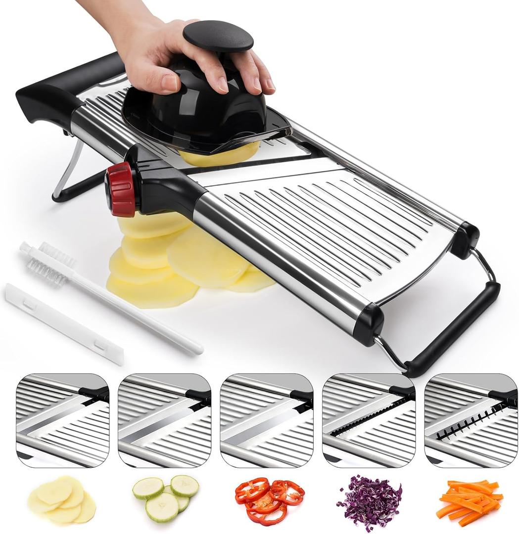 X Home Adjustable Mandoline Slicer for Kitchen, Stainless Steel Food Slicer, Vegetable Slicer for Cucumber, Potato, Carrot, Onion, Cleaning Brush & Food Pusher Included, Easy to Use & Clean