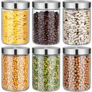 6 Pcs 34 oz Clear Glass Canister Set with Stainless Steel Lids, Food Storage Containers for Kitchen & Pantry Storage, Dry Foods Including Flour Sugar Coffee Rice Tea Spices Herbs