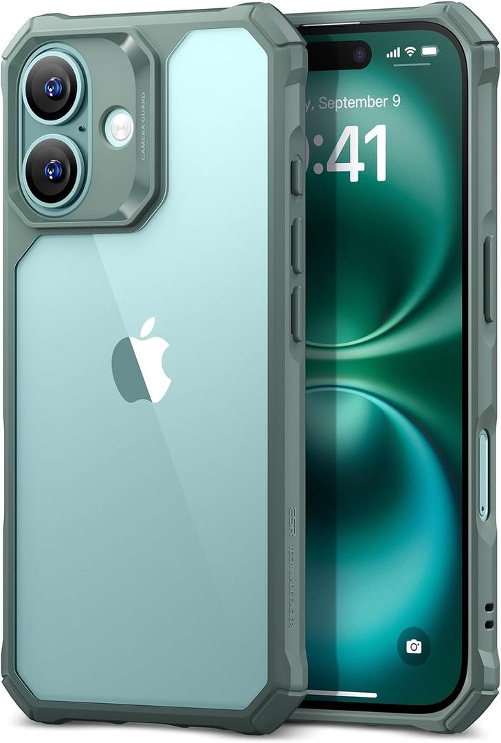 ESR for iPhone 16 Case, MilitaryGrade Protection with ShockAbsorbing Corners, ScratchResistant and AntiYellowing Acrylic Back, Slim Protective Phone Case, AirArmor Series, Clear Green