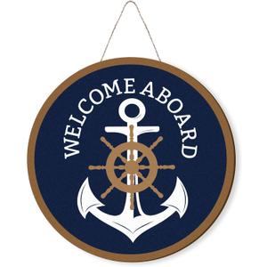 MOTERMATE Nautical Welcome Aboard Anchor Sign, 12x12 Inch Round Wooden Wall Decor