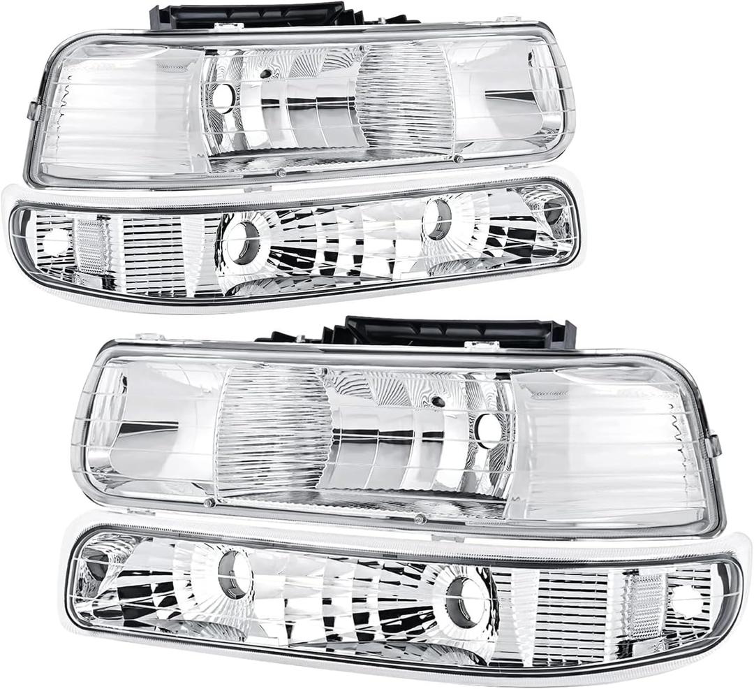 Headlights Assembly Compatible with 99-02 Chevy Silverado / 00-06 Tahoe Suburban Headlights Headlamp with Bumper Lights, Chrome Housing Clear