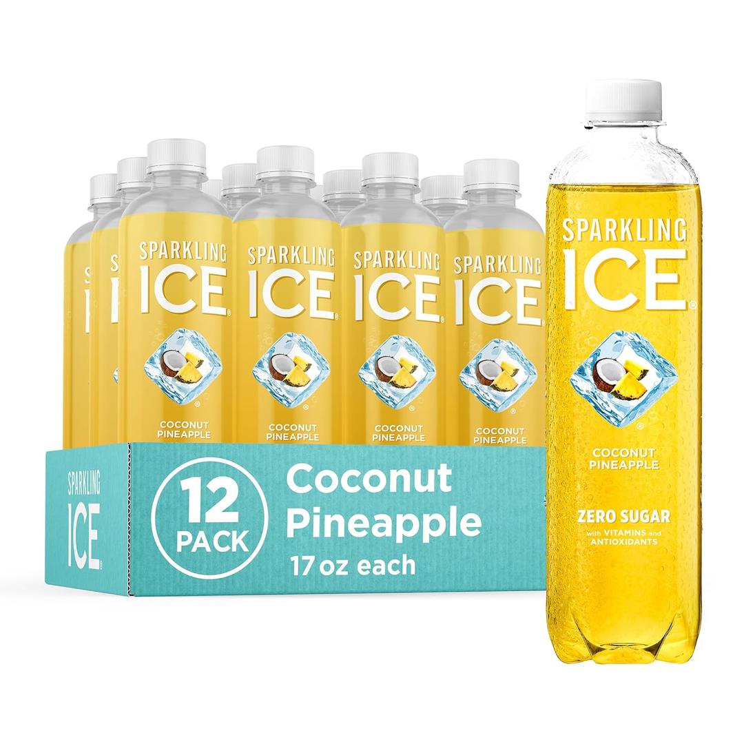 Sparkling Ice, Coconut Pineapple Sparkling Water, Zero Sugar Flavored Water, with Vitamins and Antioxidants, Low Calorie Beverage, 17 fl oz Bottles (Pack of 12) (EXP 08/01/25)