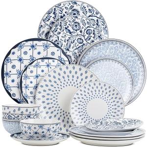 BTaT- Bone China Dinnerware Sets for 4, 12 pcs, Blue Garden Elegance, 4 Different Design, Ceramic Plates and Bowls Sets for 4, Microwave, Oven, Dishwasher & Freezer Safe, White 
