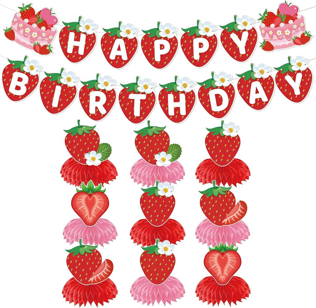 21 Pcs Strawberry Party Decorations,Honeycomb Centerpieces with Banner Cake Topper & Table Signs for Strawberry Theme Birthday Party Baby Shower Supplies,Pink Red Decor