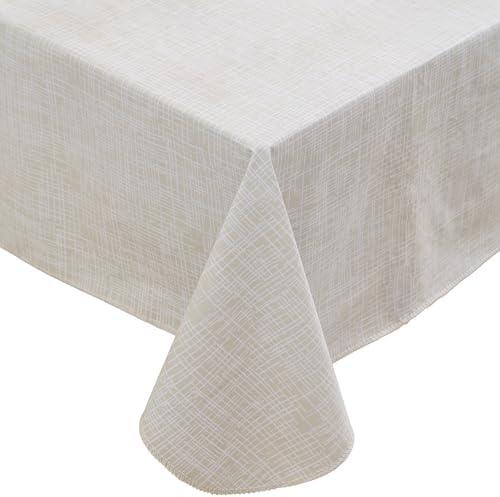 Heavy Duty Vinyl Tablecloth with Flannel Backing Waterproof Oil-Proof Plastic Table Cloth Stain-Resistant Wipeable Rectangle or Square Table Cover for Indoor and Outdoor (Beige Striped,60"-102")