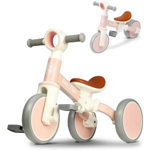 LOL-FUN Baby Balance Bike for 1 2 Year Old Boys Girls Gift, 4 in 1 Kids Tricycle for Toddlers 1-3 with Easy Assembly Removable Pedal (Light Pink)