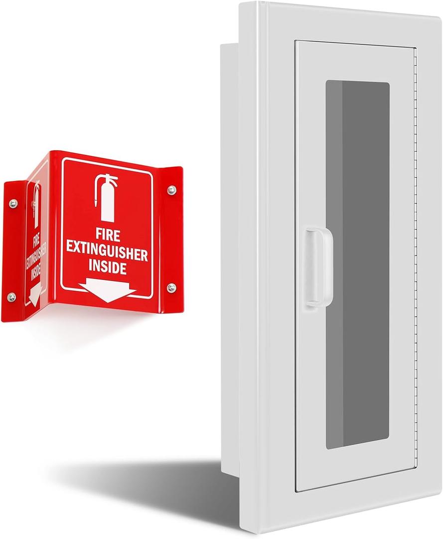 Fire Extinguisher Recessed Wall Cabinet, Galvanization Steel Fire Extinguisher Box with Magnetic Door, Suitable for 10 Lb Fire Extinguishers, Equipped Acrylic High-Position Sign (White)