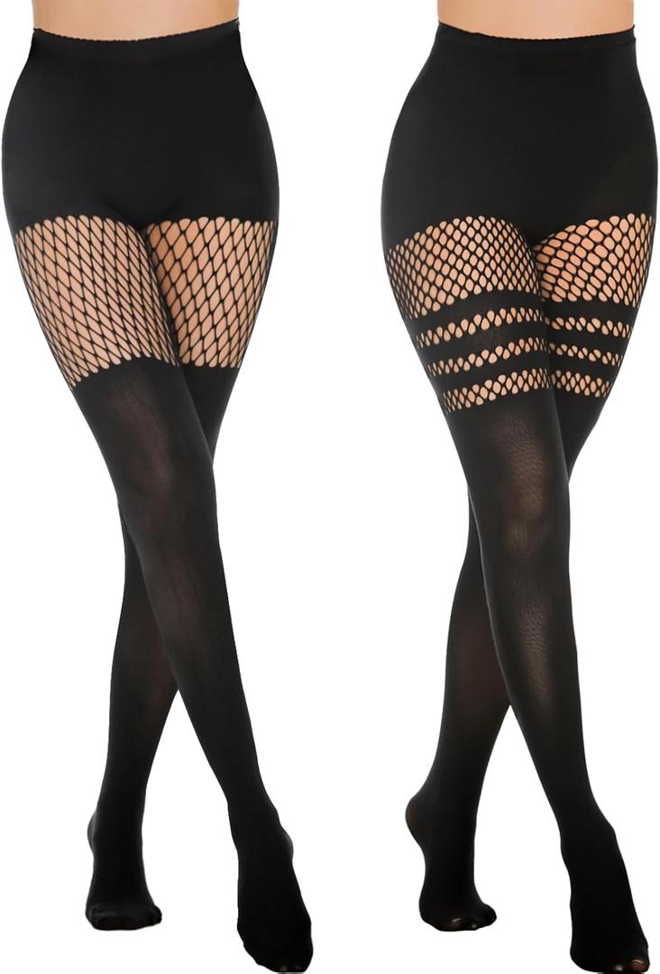 MANZI Faux Thigh High Tights Mock Suspender Pantyhose Striped Goth Fishnets Pack of 2 (One Size, Black-striped/Grid)