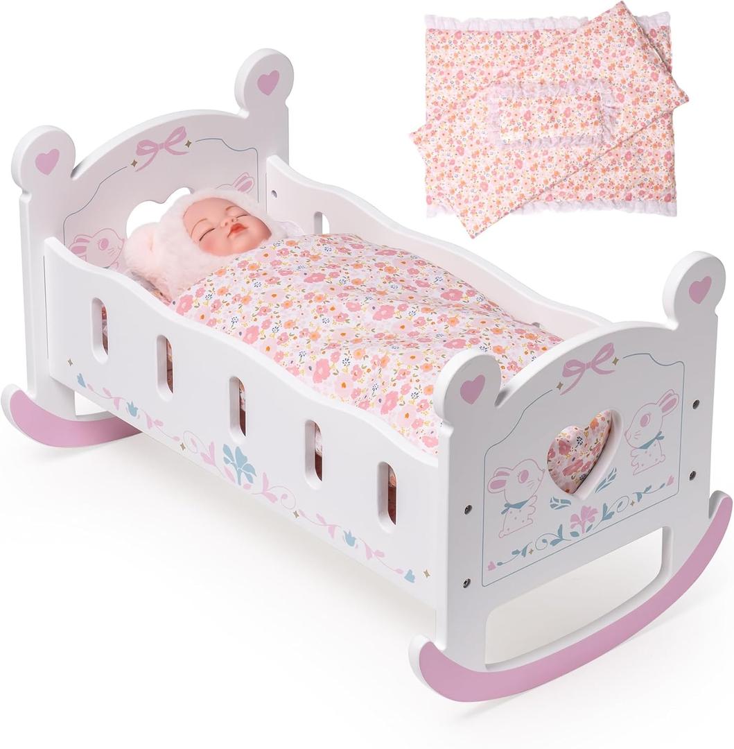 ROBOTIME Wooden Baby Doll Crib, Doll Cradle Bed for 18-24 Inch Dolls, Baby Doll Crib Set with Blanket and Pillow, Toy Doll Bed for Girls Ages 3+ (Pink) ROBOTIME Wooden Baby Doll Crib, Doll Cradle Bed for 18-24 Inch Dolls, Baby Doll Crib Set with Blanket and Pillow, Toy Doll Bed for Girls Ages 3+ (Pink)