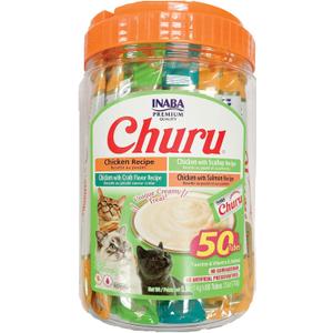 INABA Churu Cat Treats, Grain-Free, Lickable, Squeezable Creamy Pure Cat Treat/Topper with Vitamin E & Taurine, Each 0.5 Ounce (Pack of 50), 50 Tubes, Chicken & Seafood Variety, Best By 9/25/2025