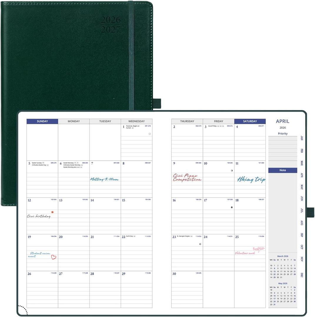 POPRUN Monthly Planner 2026-2027, 8.25" x 11.75" Large Calendar Planner, 16 Months (Apr 2026 - Jul 2027) Monthly Calendar & Appointment Book with Stair Tabs, Inner-pocket, Pen Holder, PU Leather - Dark Green