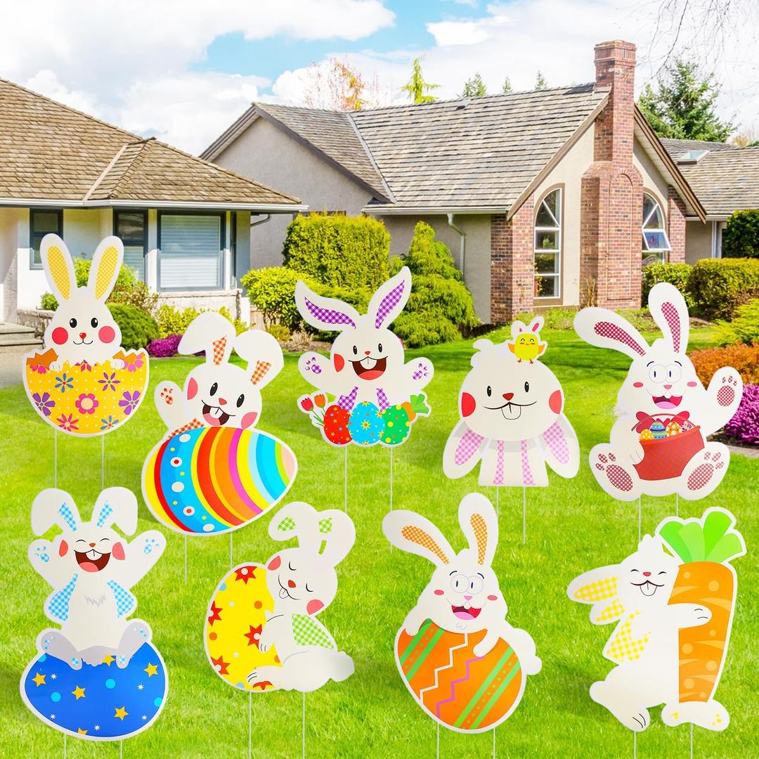 9 Pack Easter Yard Sign Outdoor Decorations, Waterproof Bunny Easter Sign, Decorations for Lawn Yard Garden