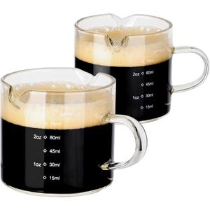 Espresso Double Spout Glass Coffee Cups with Handle - 75ML/2.5OZ Clear Borosilicate Glass Shot Glasses with Scale Measurement (2 Pack)