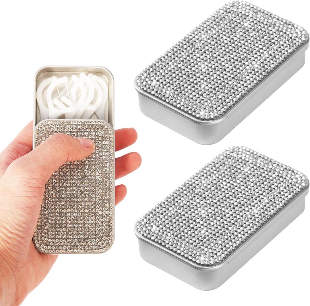 2Pcs Bling Dental Floss Holder,Portable & Refillable Floss Pick Holders, Metal Tin Box Case for Q-tip,Cotton Swab(White)
