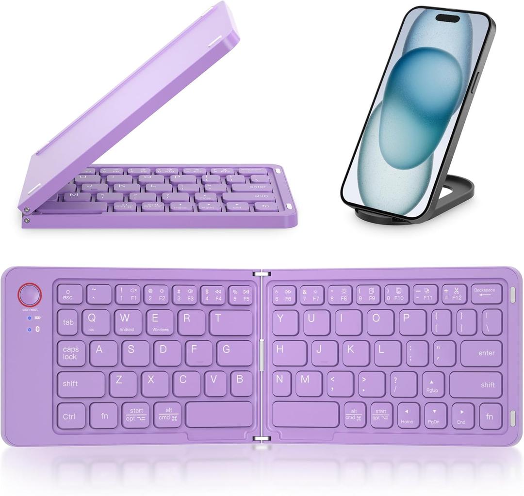 Mini Portable Wireless Folding Keyboard - Sync Up to 3 Devices, Ultra-Slim Aluminum Travel Keyboard for iPhone iPad Mac Android Windows iOS (Purple)