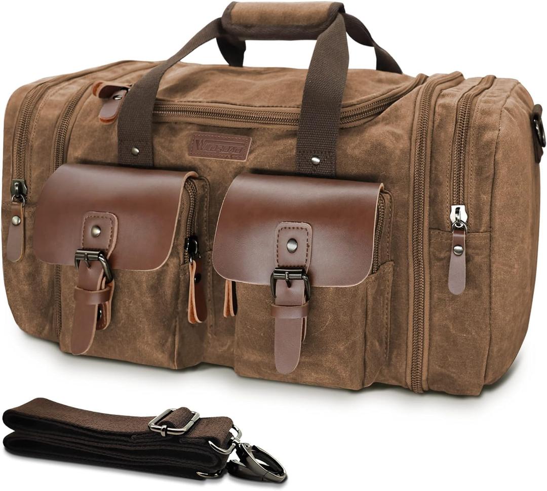 Wildroad Waxed Canvas Duffle Bag - 60L Waterproof Genuine Leather Weekender Overnight Travel Hand Bag (Vintage Dark Brown)