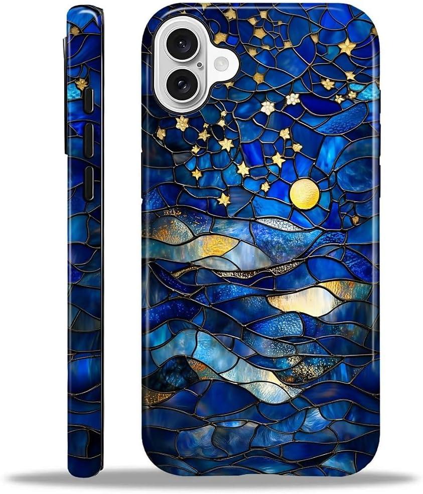 Compatible with iPhone 16 Case,Hybrid 2-Layer Hard Shell Silicone Case Scratch Resistant Shockproof Cover Aesthetics Stained Glass Stars Moon