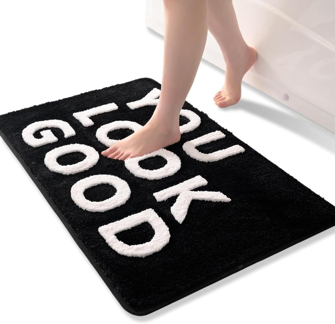 QJHOMO You Look Good Bath Mat Cute Black and White Bathroom Rugs Funny Bath Rug, Non Slip Shower Mat Cool Home Decor, Soft Microfiber Floor Carpet Washable, Super Absorbent Bathmat (16x24 Inch)