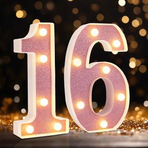 Led Light Up Numbers, Sweet 16th Birthday Party Decorations, Battery Powered Number 16 Light Up Sign, 16th Birthday Decorations for Girls (Pink Glitter)