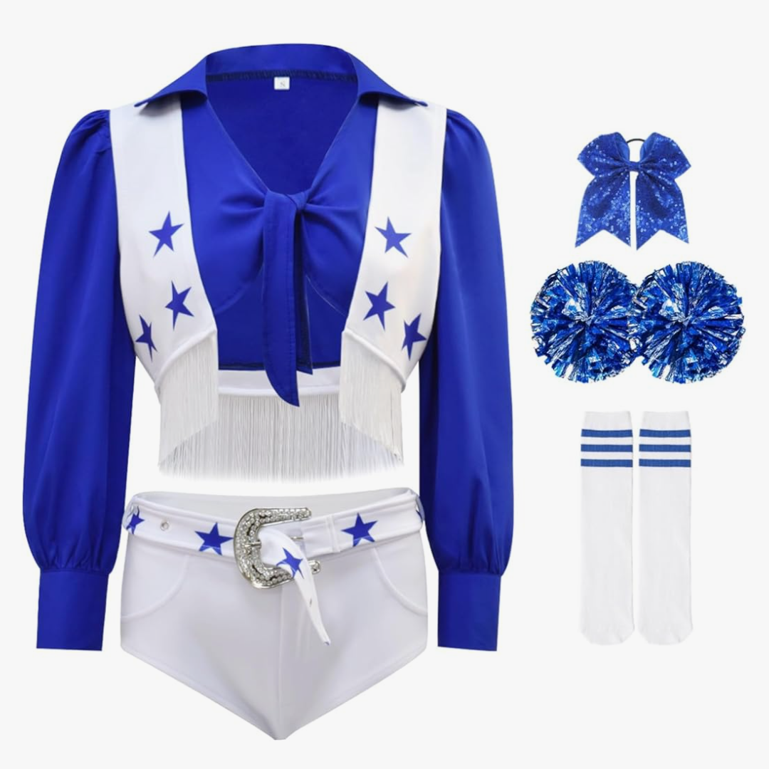 Cowboys Cheerleader Costume for Women Blue Star Sexy Cheerleader Outfits 4PCS Halloween Cheerleading Set Size 120