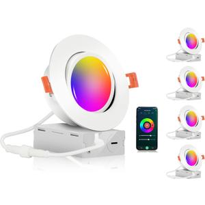 CLOUDY BAY 4 inch Gimbal Smart WiFi LED Recessed Lights, RGBCW Color Changing, Compatible with Alexa and Google Home Assistant, No Hub Required, 2700K-6500K, IC Rated, Pack of 4