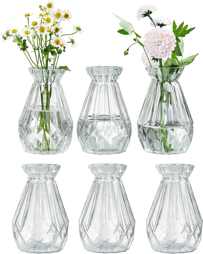 MyGift Set of 6 Diamond-Faceted Clear Glass Bud Vases  Small Decorative Flower Vases for Table Centerpieces, Weddings, and Home Dcor