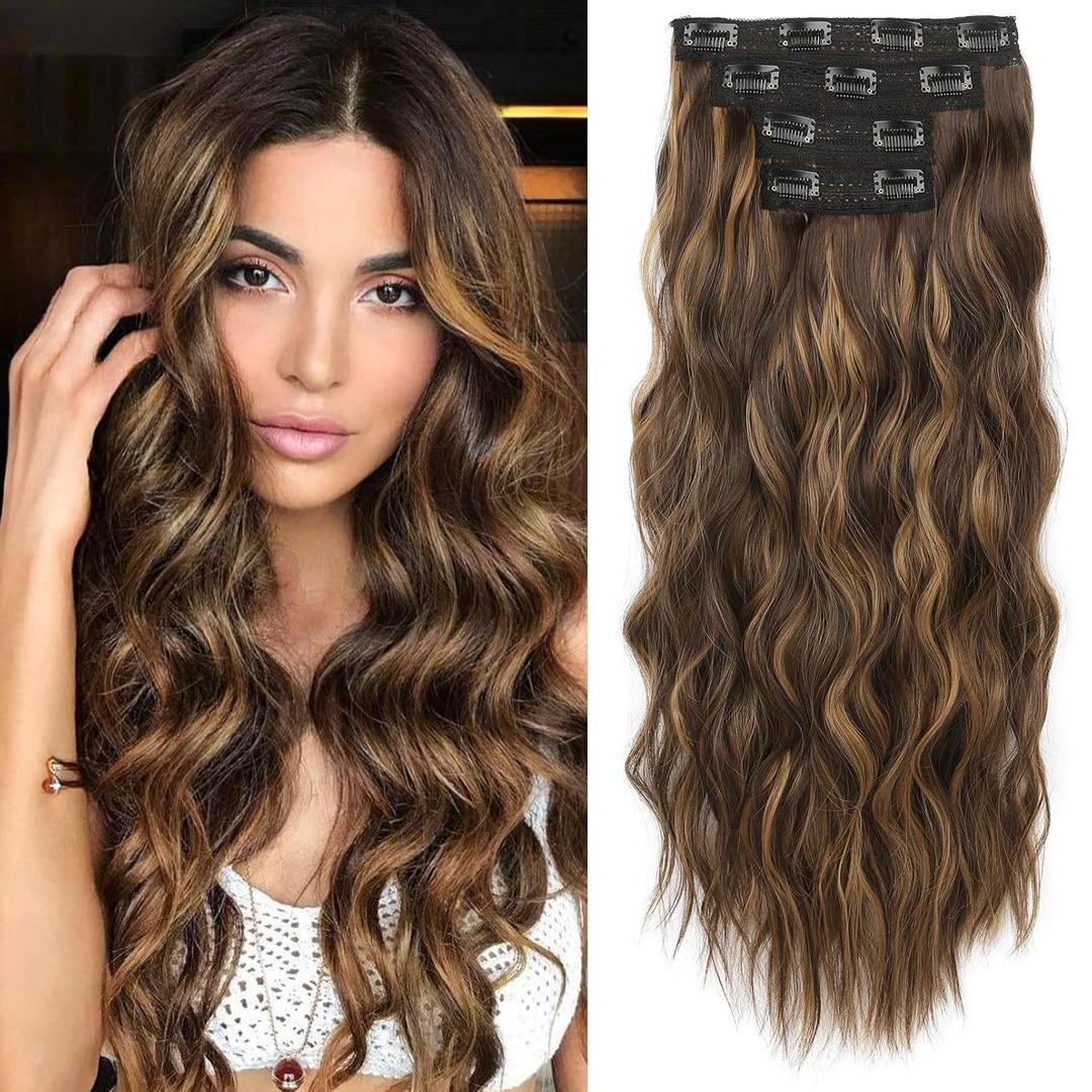 REECHO Clip in Hair Extensions, 4PCS Blonde Hair Extensions 24" Thick Long Beach Waves hair extensions HE003 Invisible Lace Weft Natural Soft Hairpieces for Women  Dark Brown with Highlights