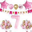 Pink 7th Birthday Decorations for Girls Including Happy Birthday Banner, Number 7 Foil Balloon, 2pcs Star Balloons and 16pcs Happy 7th Birthday Confetti Latex Balloons, Girl Birthday Party Favors