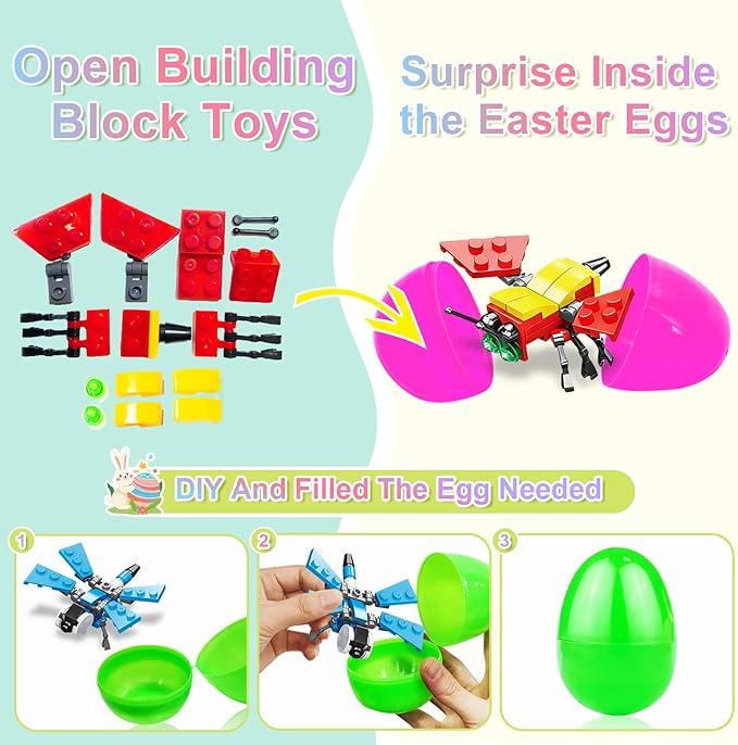 12 Pack 3" Large Filled Easter Eggs with Stem Toy Cars Kids Easter Basket Essential Plastic Surprise Egg Building Blocks 6 in 1 Transform Construction Vehicle Basket Stuffers Boy Egg Hunt Party Favor