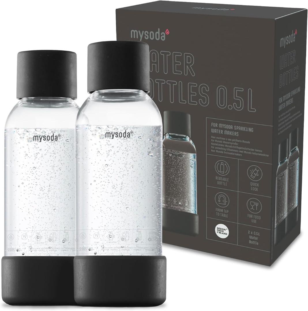 Carbonating Bottles 2Pck 0.5L - Compatible with MySoda and any brands - Quick-Lock Reusable Bottles - Lid and Base Made of Wood Composite - BPA Free - Black